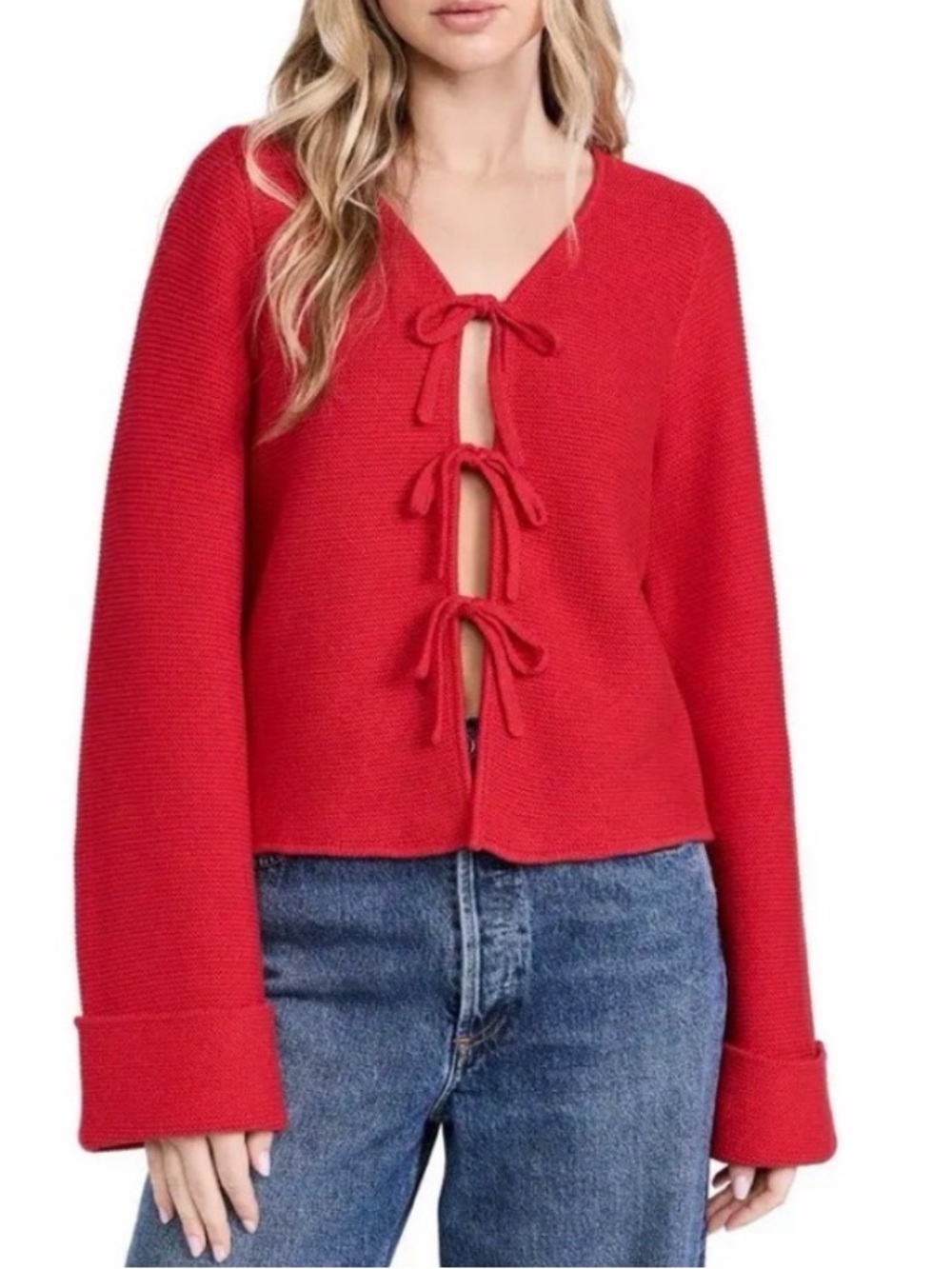 ALIGNE Nadia Tie Knit‎ Cardigan Red Wide Cuffed Sleeve Sweater Organic Cotton M